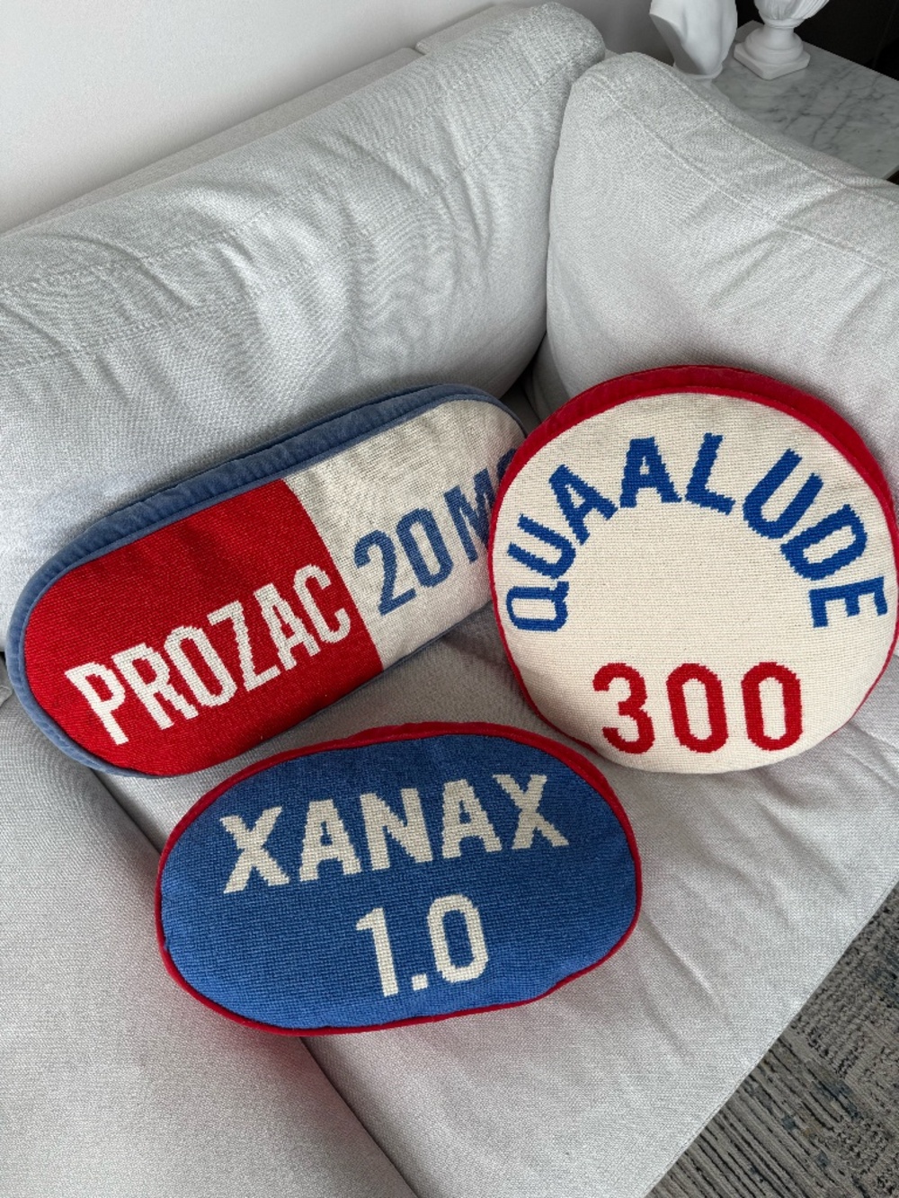Set of 3 Jonathan Adler Needlepoint Prescription Pill Pillows